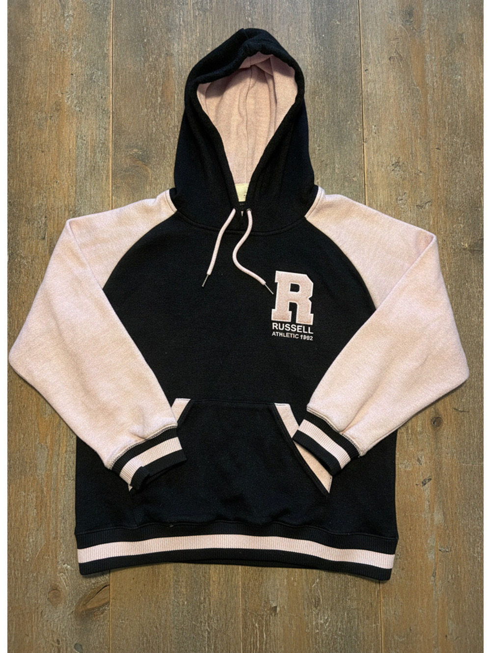 Russell Athletic Womens Medium M Black Pink Hooded Sweatshirt Fleece Hoodie